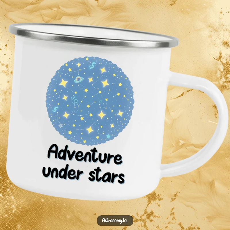 Funny camping mug featuring a curious constellation cluster playfully twinkling, perfect for enjoying drinks outdoors under a starry theme.