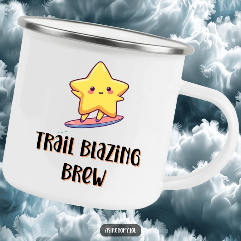 Funny cute star character enjoying a ride on a tiny, streaking comet tail, ideal for outdoor adventures.