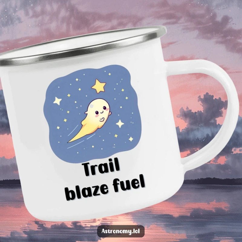 Funny camping mug featuring a playful comet streaking across a starry sky, perfect for outdoor sipping.