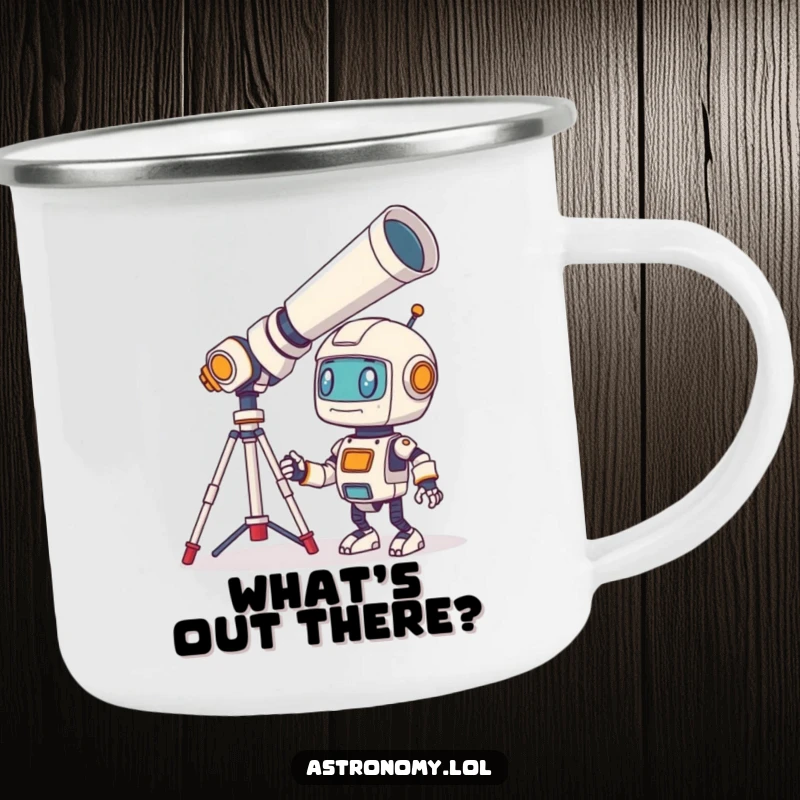 Funny Robot Camping Mug featuring a bewildered little character looking through a giant telescope, perfect for outdoor enjoyment with sci-fi humor.