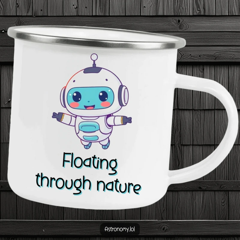 Funny camping mug featuring a smiling robot companion, perfect for outdoor adventures and adding a touch of AI cheer.