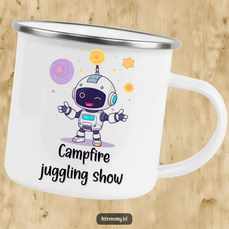 Funny camping mug featuring a giggling robot juggling three colorful galaxies, perfect for outdoor enjoyment.