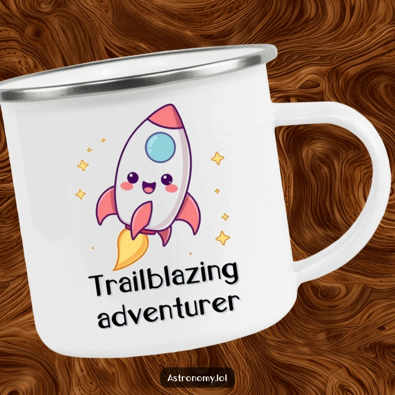 Funny rocket ship camping mug featuring a happy character blasting off with a cheerful trail, perfect for outdoor beverages.