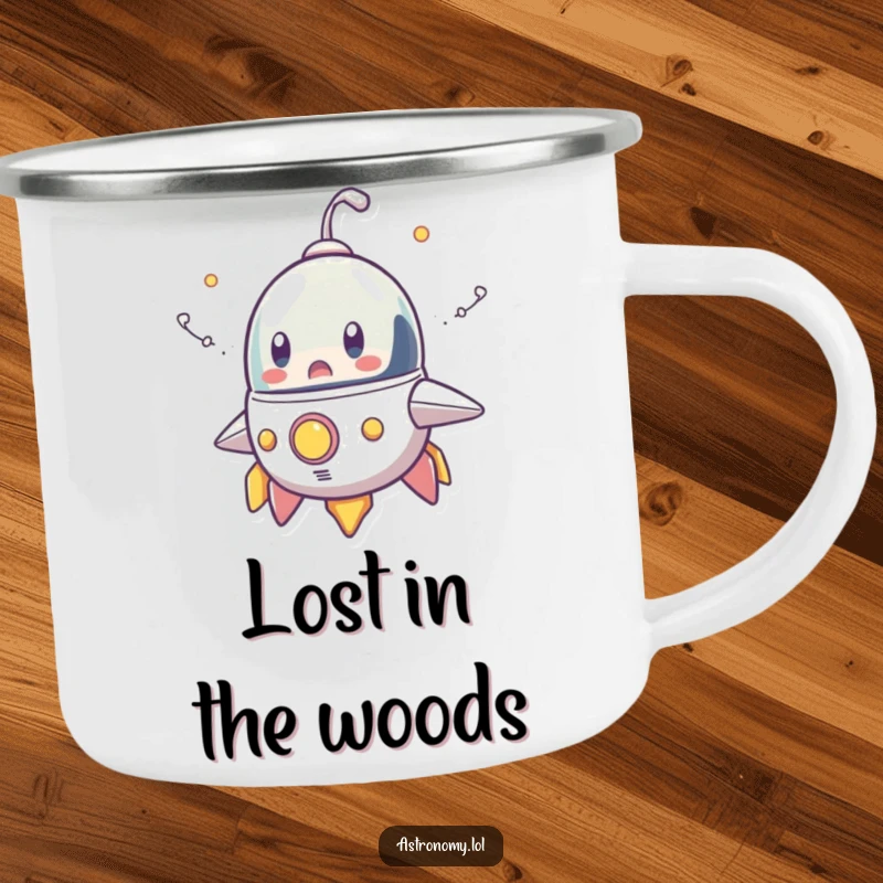 Funny camping mug featuring a surprised spaceship character with cartoonish smoke trails, durable and humorous for all your outdoor drinks.