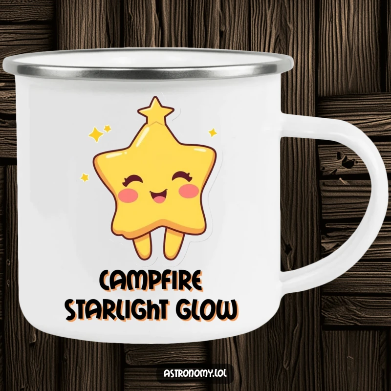 Funny star camping mug featuring a playful character twinkling with mischievous joy, perfect for enjoying drinks outdoors.