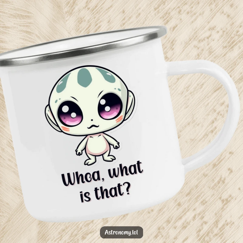 Funny camping mug showing a surprised alien with large, wide eyes, perfect for outdoor drinks with a humorous extraterrestrial theme.