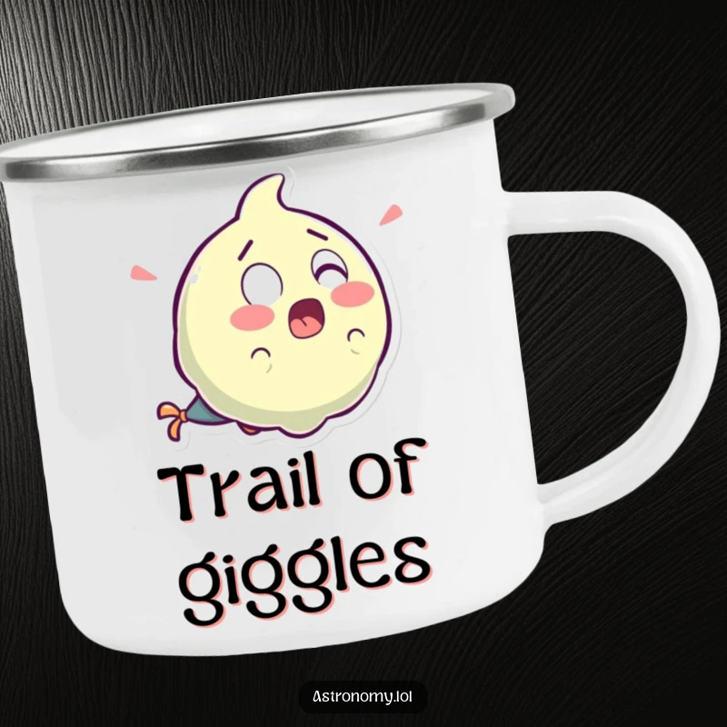 Funny surprised comet character with a laughter tail, a durable humorous camping mug for outdoor enthusiasts.