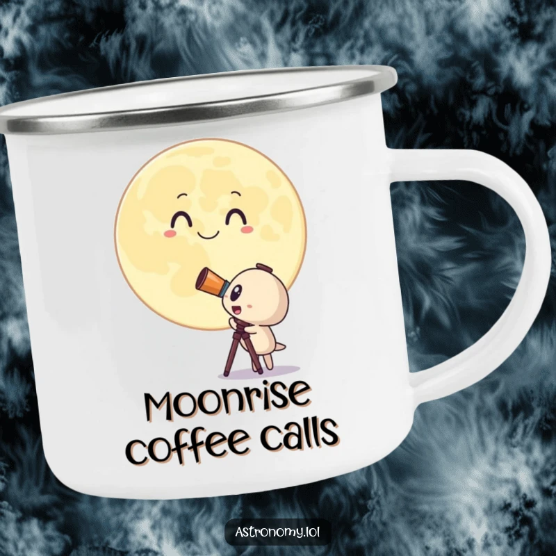Funny camping mug featuring a surprised telescope character looking at a giant, smiling moon, perfect for outdoor drinks. Gift idea.