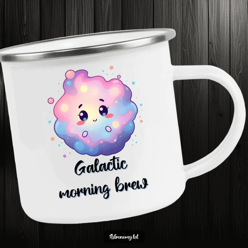 Funny camping mug featuring a curious nebula character with swirling cosmic dust, ready for outdoor adventures and warm drinks. Gift idea.