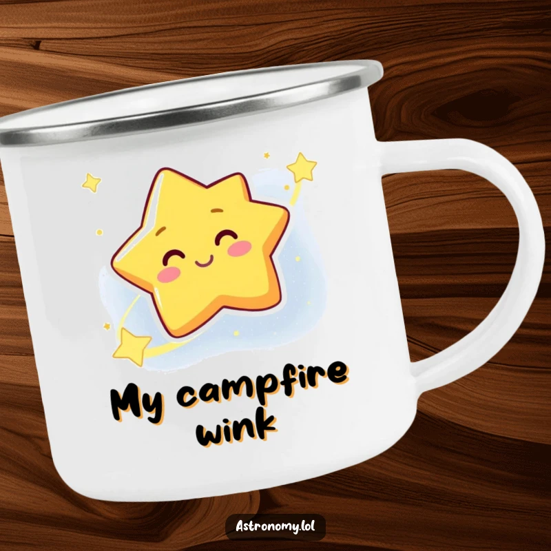 Funny Star Camping Mug featuring a winking galaxy character, perfect for outdoor adventures and enjoying drinks with cosmic cheer.