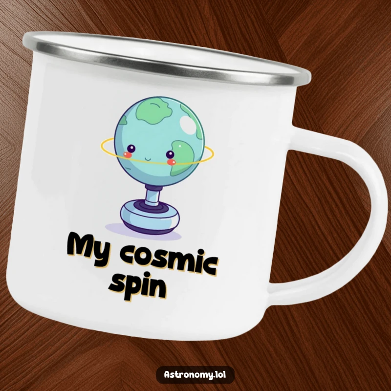 Funny camping mug: A tiny planet balancing on a spinning fidget toy, a humorous travel companion.