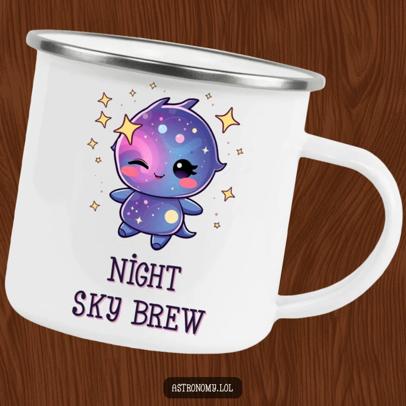 Winking galaxy character swirling with cheerful stardust on a sturdy camping mug, perfect for cosmic outdoor enjoyment.