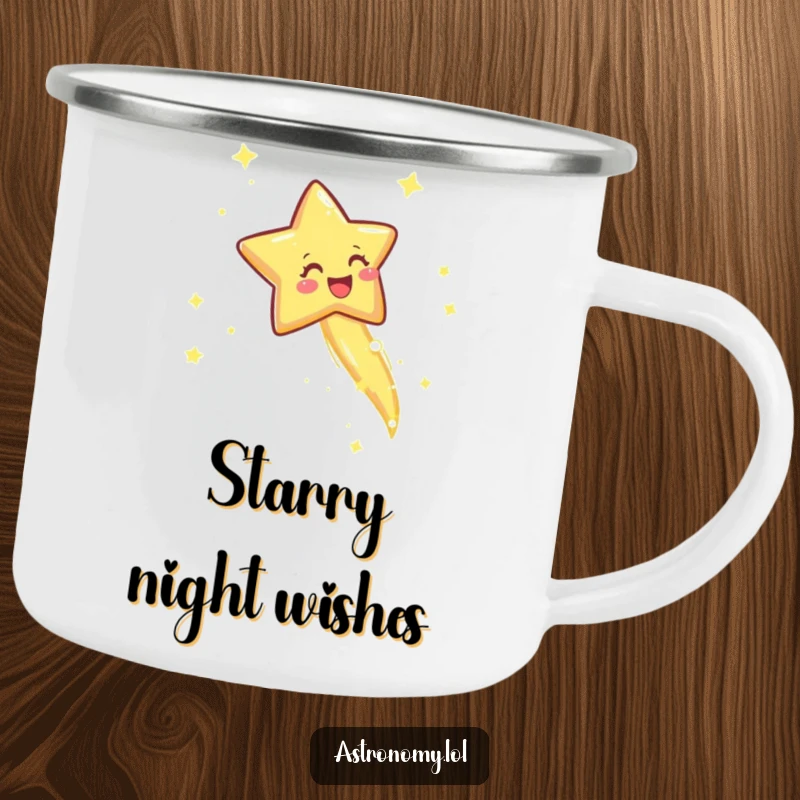 Funny enamel camping mug featuring a joyful shooting star with a sparkly trail, perfect for rugged adventures and magical sipping.