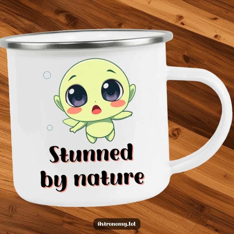 Funny surprised alien character with wide eyes floating in space, ideal for outdoor adventures.