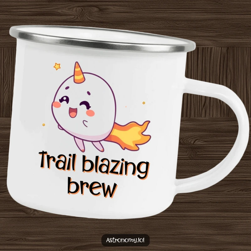 Funny comet camping mug with a cheerful character and fiery tail zipping by, durable and humorous for outdoor use.
