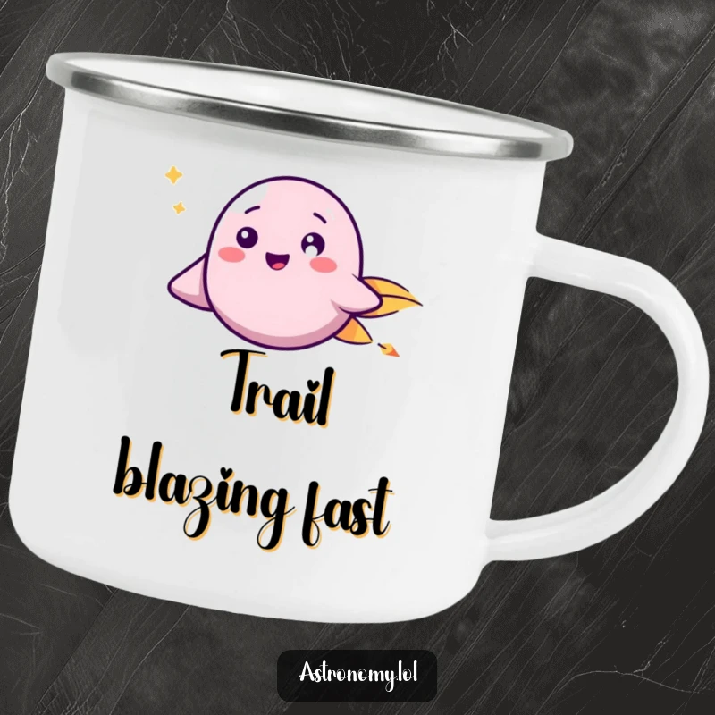 Funny Camping Mug: A happy comet with a friendly face speeds through space, perfect for outdoor enjoyment.