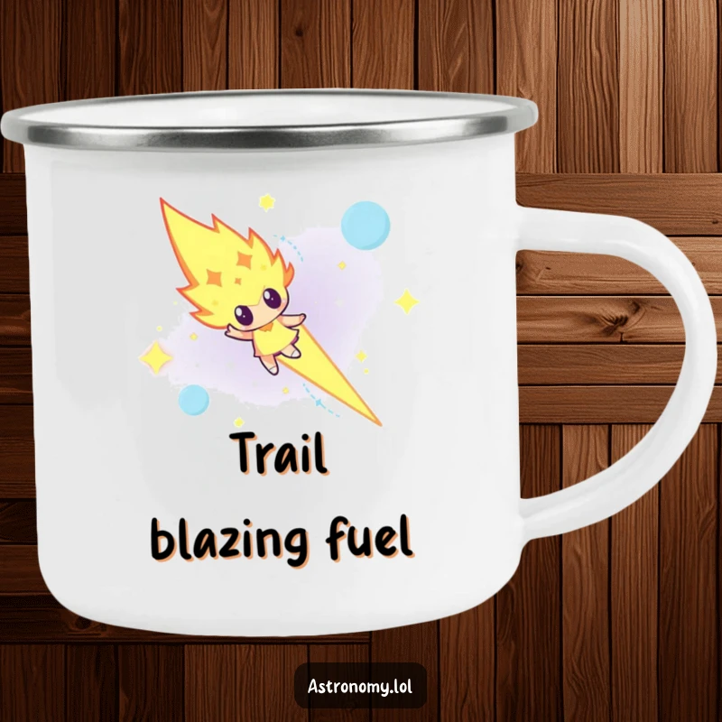 Funny determined meteor character blazing across a night sky on a durable camping mug, for adventurous souls.