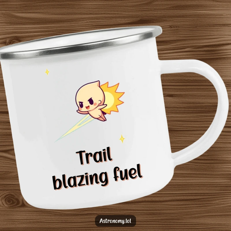 Funny meteor character streaking determinedly across the sky on a sturdy camping mug, perfect for outdoor humor.