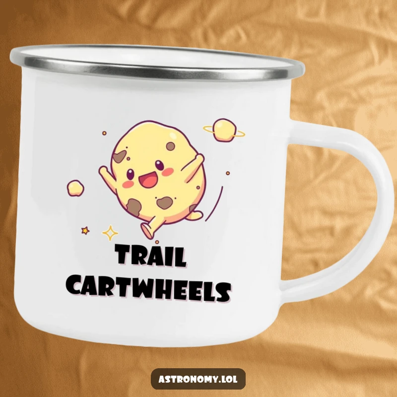 Funny camping mug featuring a cartwheeling asteroid, perfect for hot beverages during outdoor excursions and adding a touch of humor.
