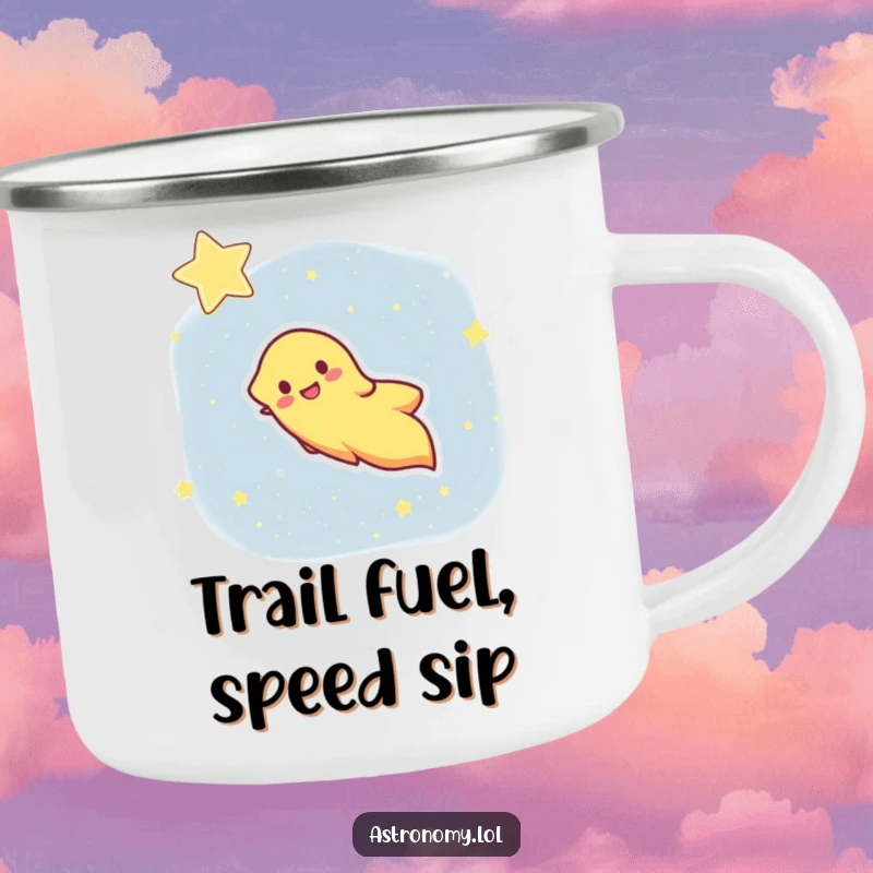 Funny camping mug featuring a happy comet streaking across a starry sky, bringing cosmic humor to outdoor adventures.
