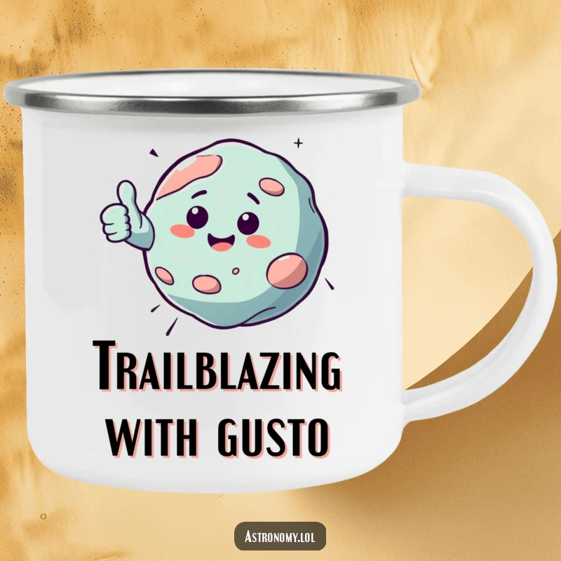 Funny camping mug featuring a bouncing asteroid character giving a cheerful thumbs up, perfect for outdoor activities and space enthusiasts.