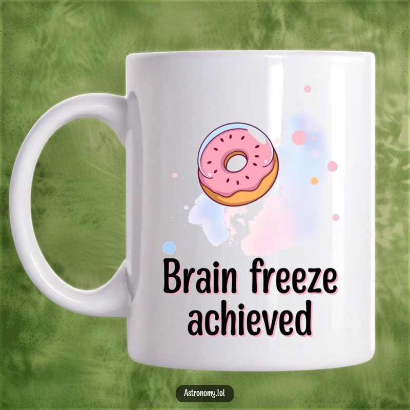 Funny mug: A whimsical donut wearing an astronaut helmet floats in a colorful nebula, a delightful space treat.