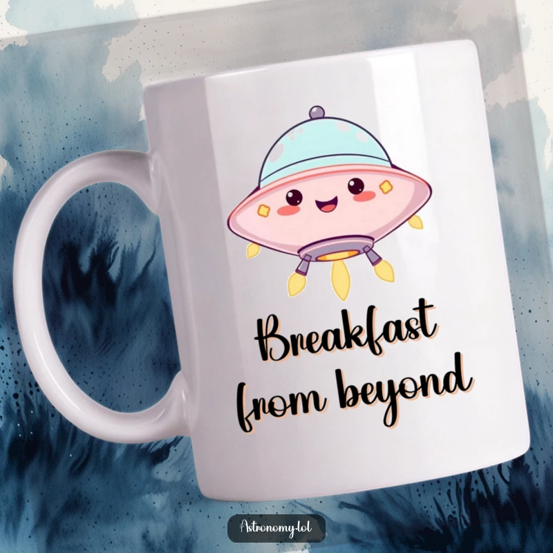 Funny mug featuring a jolly UFO character hovering happily with colorful, blinking lights. Great gift.