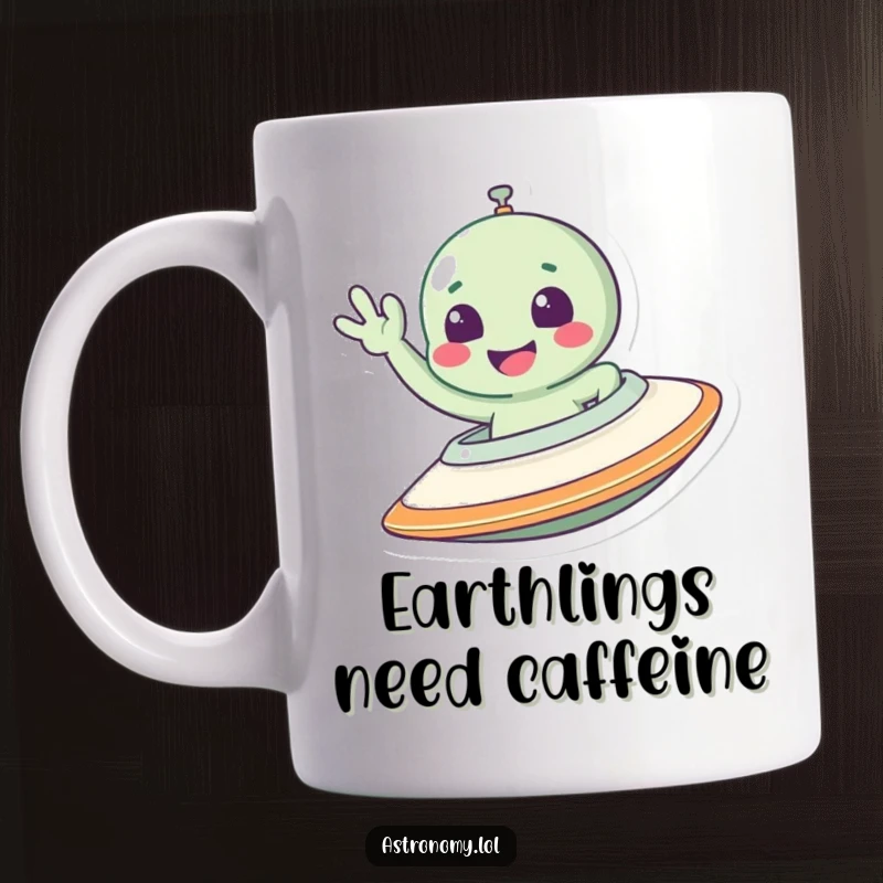 Funny alien mug featuring a smiling extraterrestrial character enthusiastically waving from inside its sleek, futuristic spaceship.