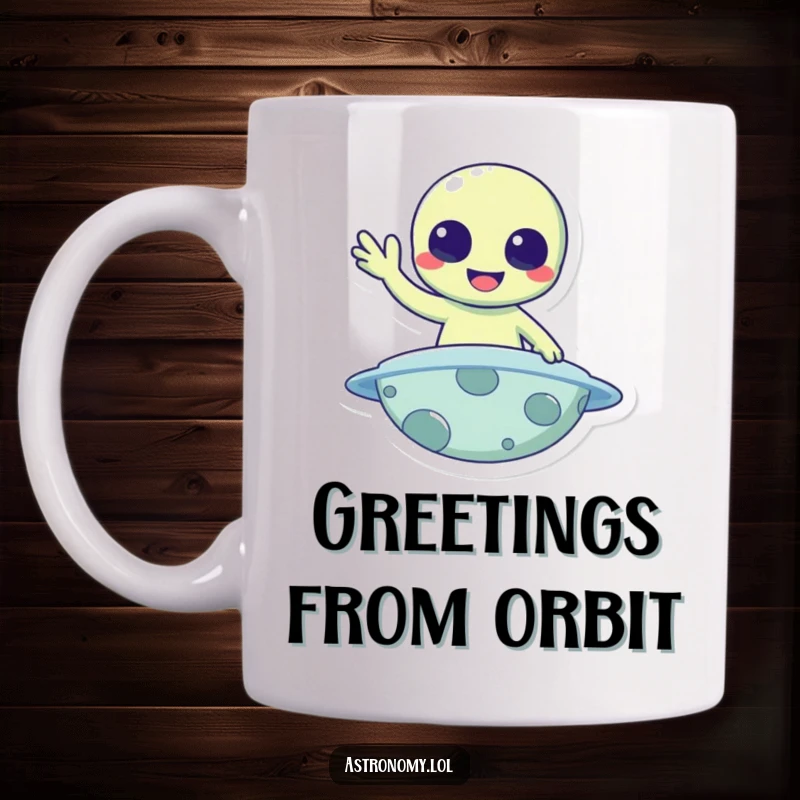 Funny Mug: A cheerful alien character waves hello enthusiastically from the surface of a colorful planet.