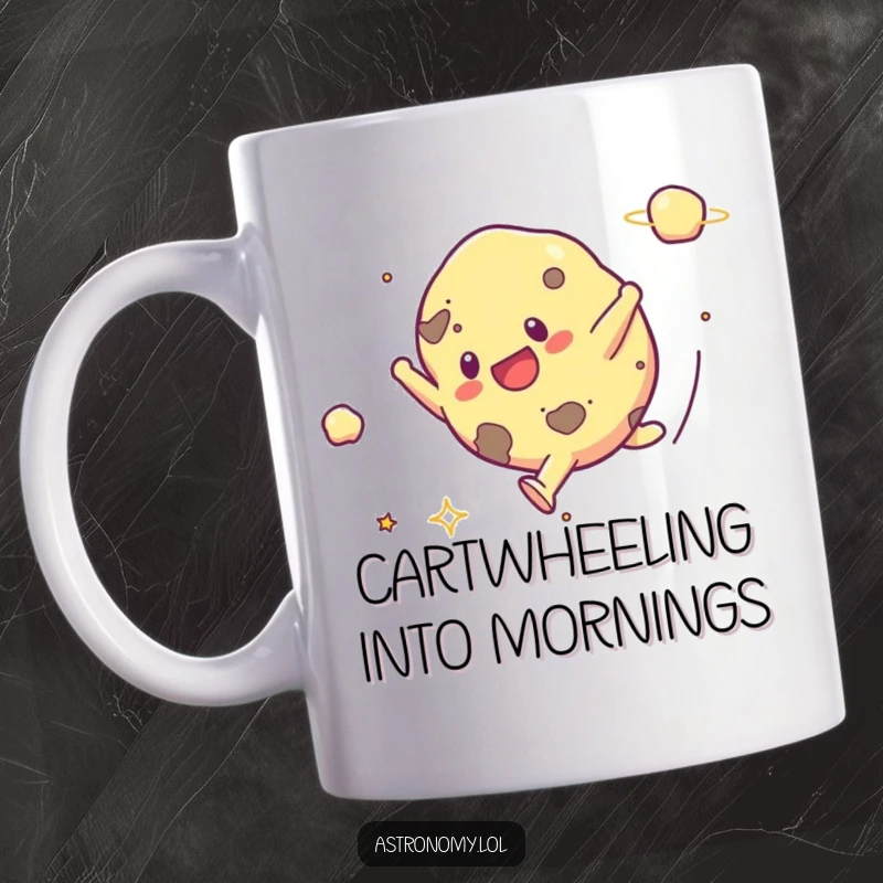 Funny mug of a cheerful asteroid doing a cartwheel in outer space, expressing pure joy and energetic freedom in the cosmos.