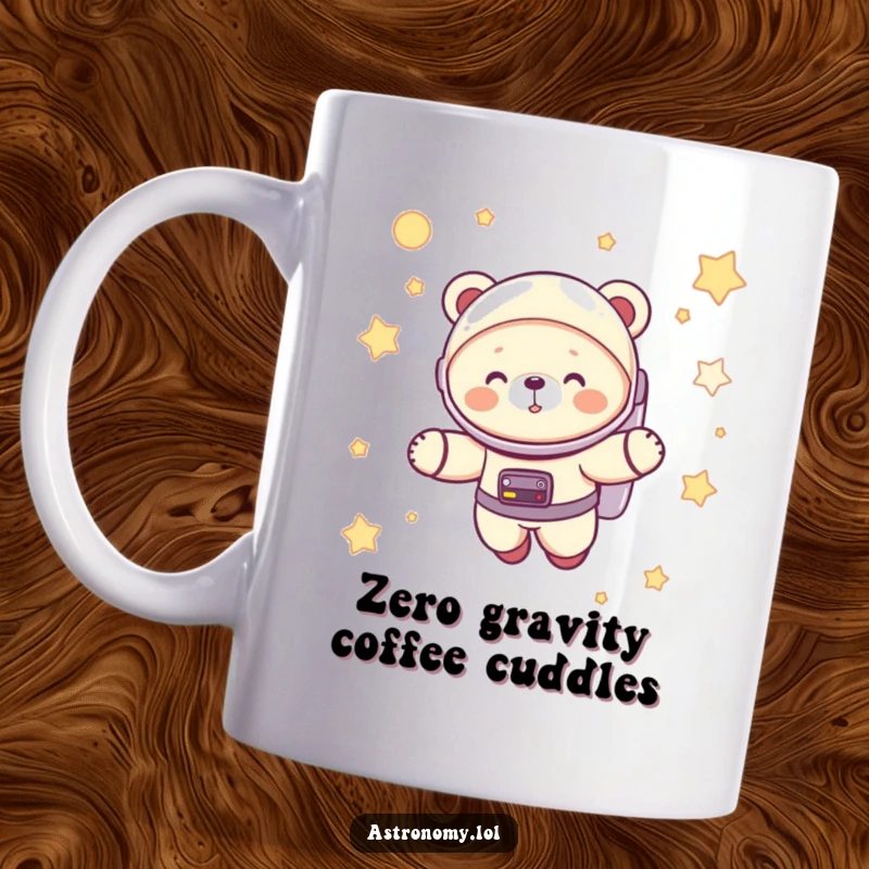 Funny astronaut bear cub giggling while floating among colorful stars, a cute and humorous space adventure on a mug.