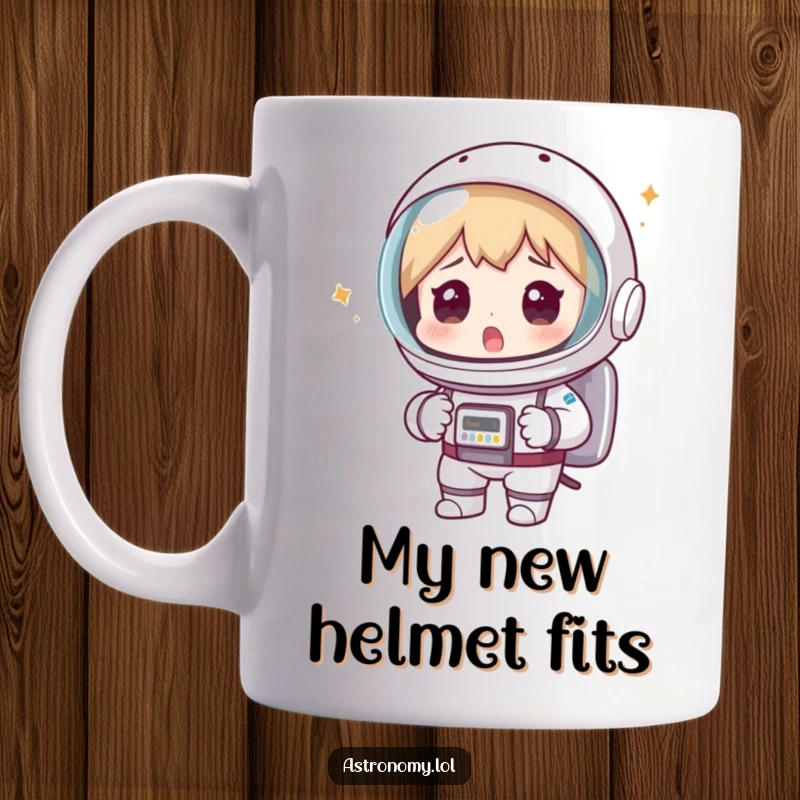 Funny astronaut mug with a surprised expression, accidentally wearing a colander as a helmet in outer space, a comical gag.