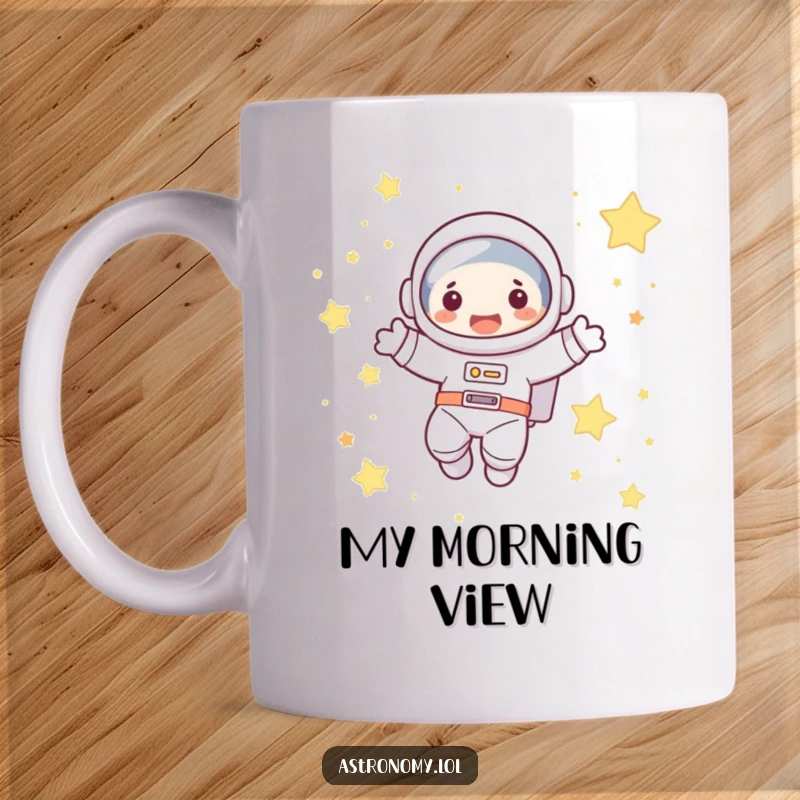 Funny astronaut mug featuring a cute character joyfully floating among whimsical stars, perfect for space enthusiasts and gift-givers.