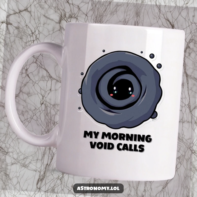 Funny Black Hole Mug featuring a curious character with a swirling vortex, pulling in laughter and good vibes for space enthusiasts.
