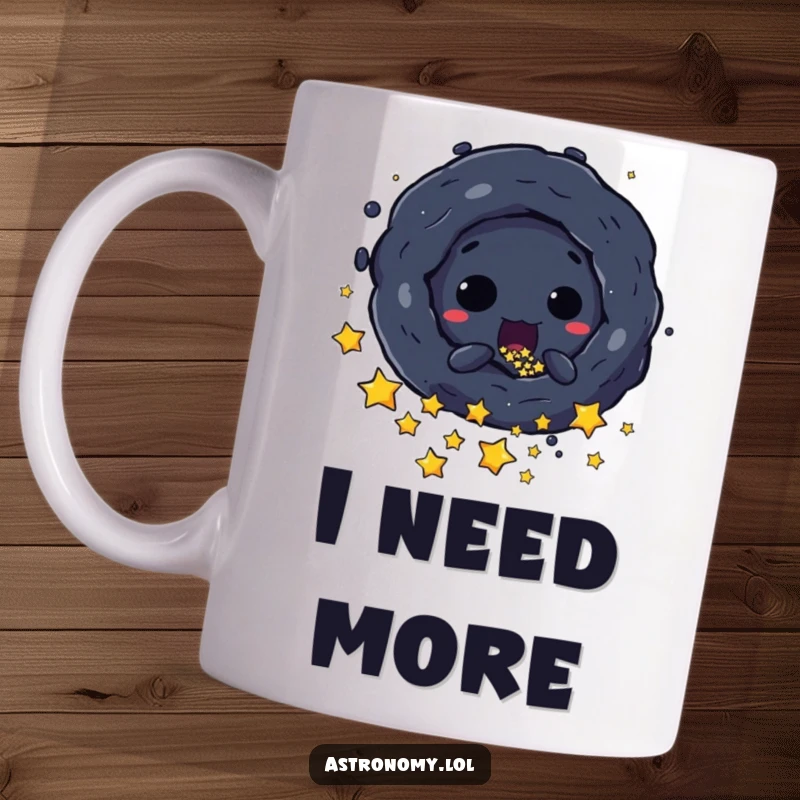 Funny Mug: A Mischievous Black Hole Character Playfully Sucking in Tiny Stars, conveying cosmic power and humor. A great gift.