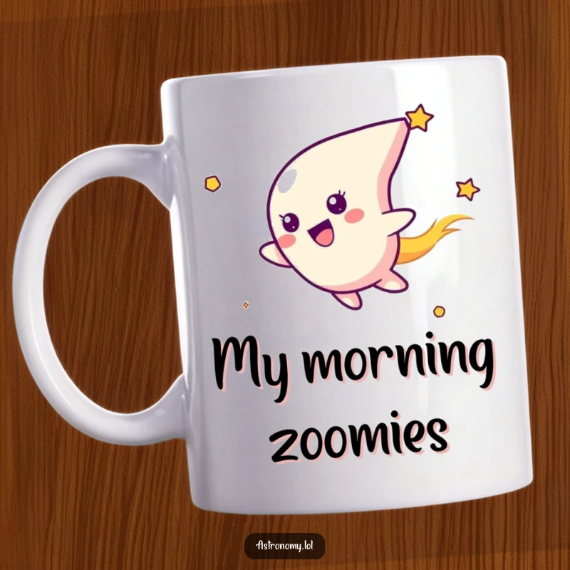 Funny mug showcasing a happy comet character joyfully streaking through the vast expanse of space, radiating pure delight and cosmic energy.