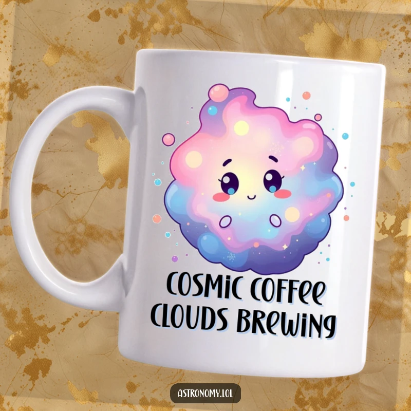 Funny mug featuring a curious nebula character with swirling, colorful cosmic dust, looking intrigued by the universe. Perfect gift.