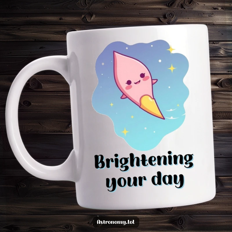 Funny mug with a giggling comet character streaking across the sky with a smiling face, a humorous gift for celestial joy.