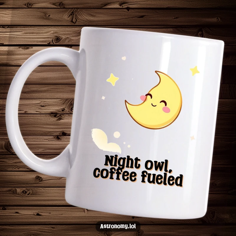 Funny mug featuring a giggling moon character winking playfully from the night sky, bringing cosmic merriment.