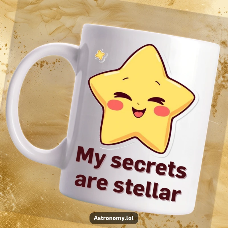 Funny Mug featuring a giggling star character winking conspiratorially, sharing a funny secret with a playful twinkle.