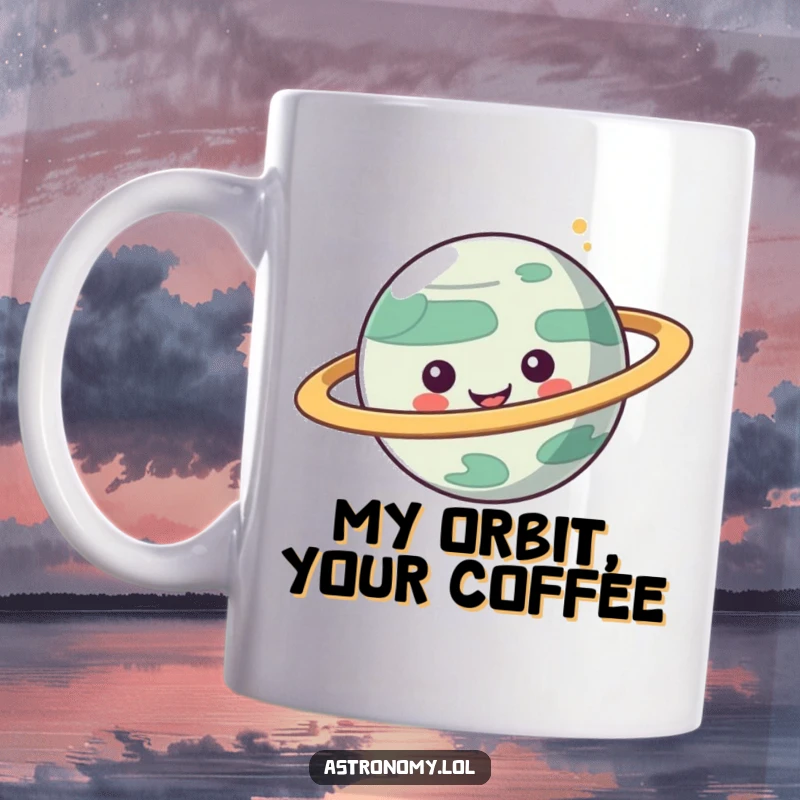 Funny mug featuring a playful planet character with colorful rings spinning dynamically, radiating joy and cosmic fun.