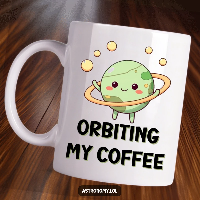 Funny planet mug with a happy face, joyfully juggling miniature moons around its rings, a delightful celestial scene.