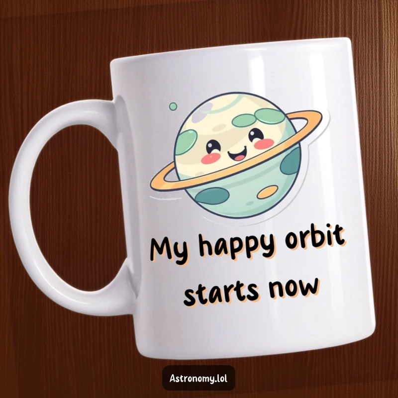 Funny mug featuring a cute, smiling planet character happily spinning, radiating joy and positivity, perfect for space lovers.