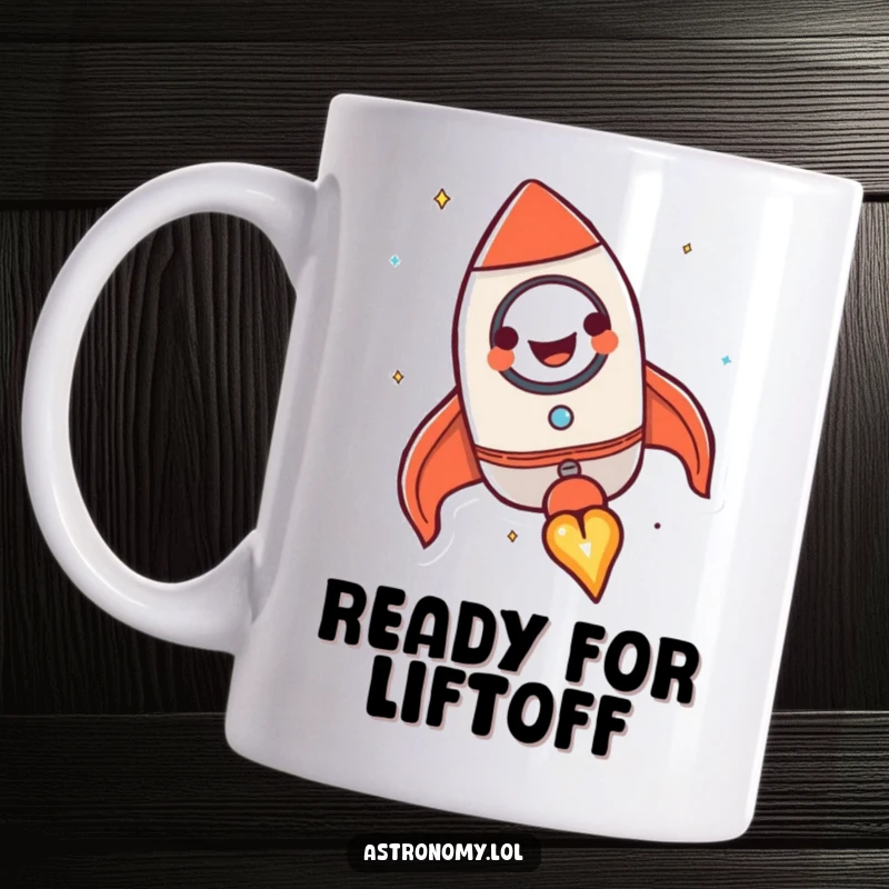 Funny rocket ship mug featuring a happy character grinning while blasting off into space, a motivational and humorous gift.