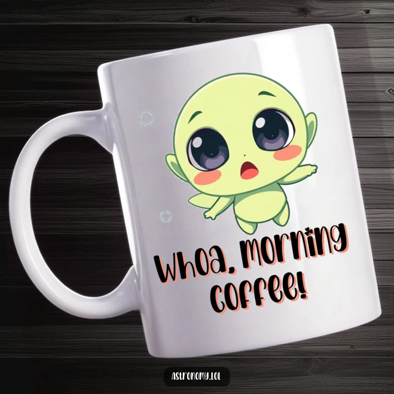 Funny surprised alien character with comically wide eyes, floating aimlessly in the vastness of outer space.