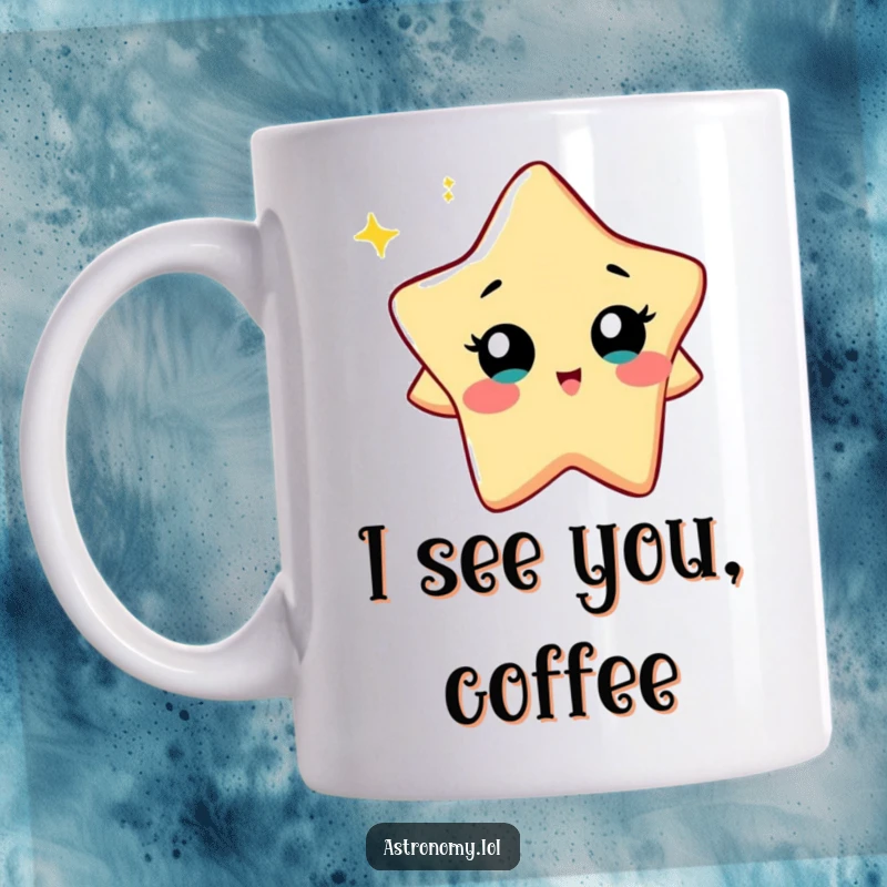 Funny Mug: A Curious Star Character Twinkling with Playful Curiosity, radiating bright, cheerful energy. A delightful gift for space lovers.