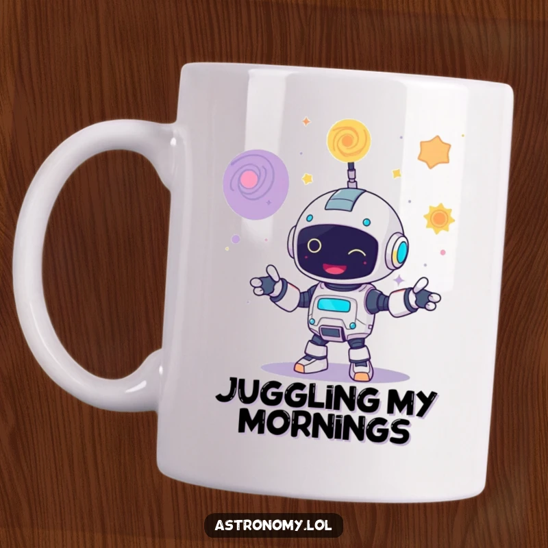 Funny mug depicting a giggling robot character expertly juggling three vibrant, swirling galaxies with mechanical precision.