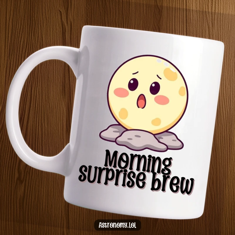 Funny moon mug featuring a surprised character with a crater distinctly shaped like an open, surprised mouth.