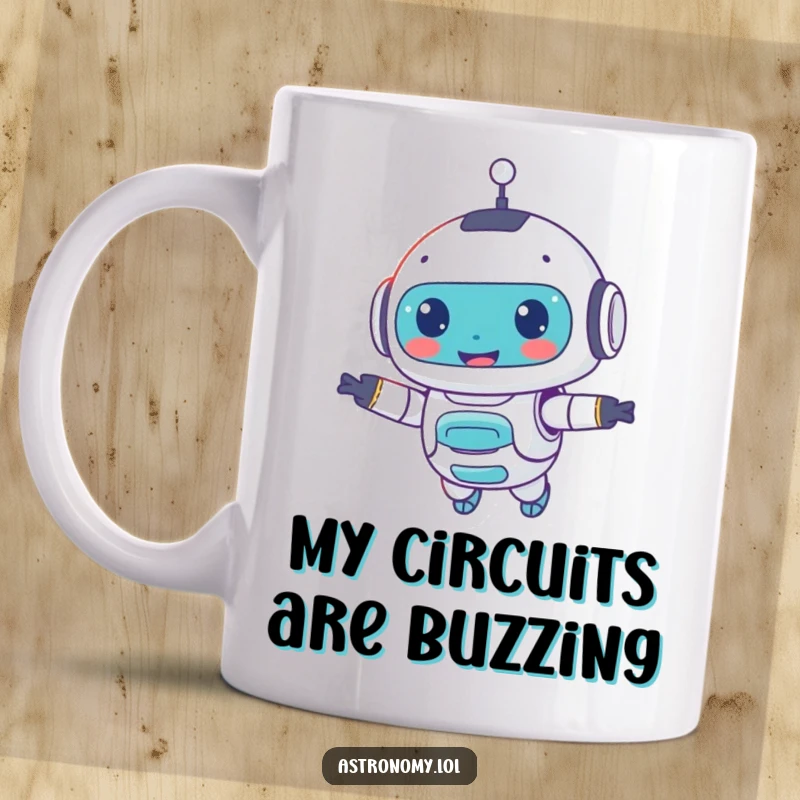 Funny mug featuring a small, floating robot companion with a wide, happy smile, conveying digital cheer and friendliness.