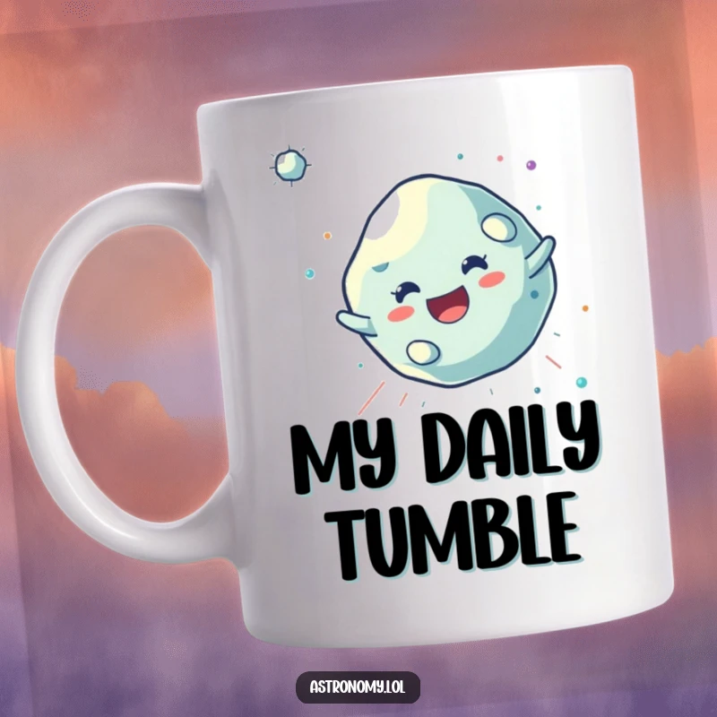 Funny Asteroid Mug featuring a joyful, tumbling character, bringing a sense of carefree cosmic adventure to your daily routine.